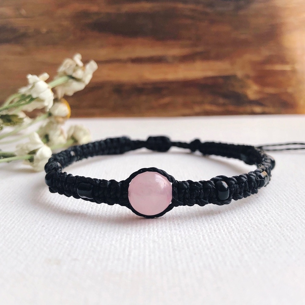 ☽ Rose Quartz Sphere, Beaded Macrame Bracelet